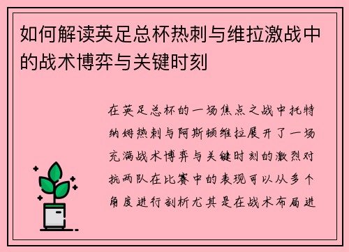 如何解读英足总杯热刺与维拉激战中的战术博弈与关键时刻