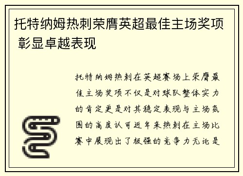 托特纳姆热刺荣膺英超最佳主场奖项 彰显卓越表现